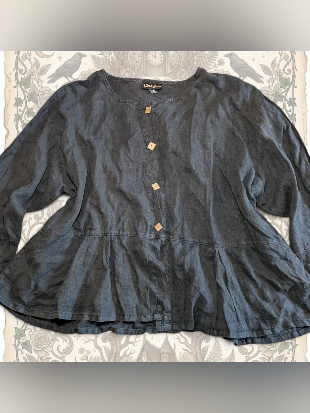 Lagenlook 100% Linen Peplum Blouse Charcoal Black Wood Button Tunic Top L